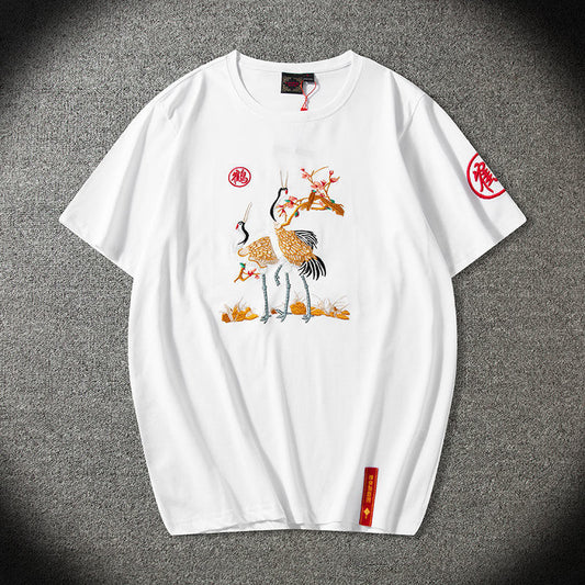 Spring casual men embroidered geometric pattern cotton pullover short sleeved fashion