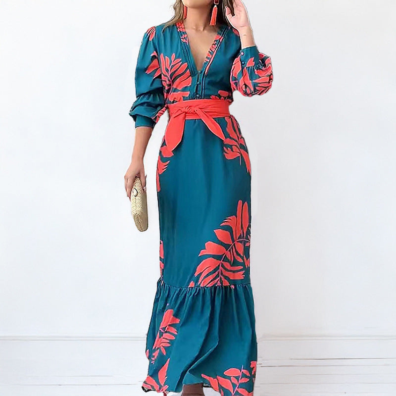 Button V-neck elegant printed waist cinching lace up big swing dress