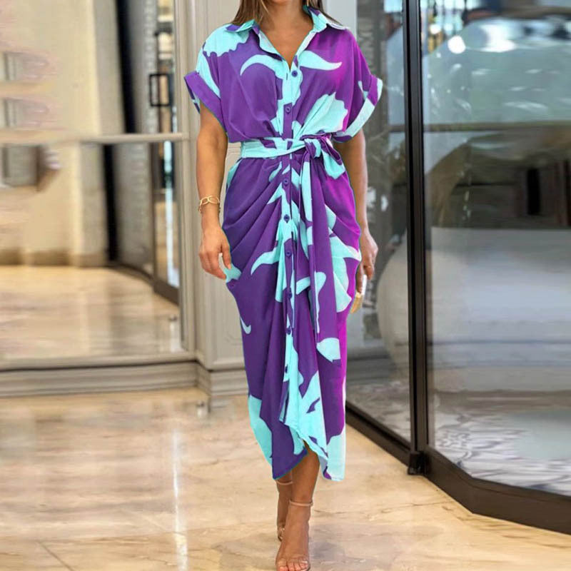 Anitrendy Floral Print Short-Sleeve Belted Shirt Dress – Elegant High-Waist Midi Dress for Women, Single-Breasted Design, S–3XL