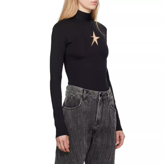 Hollow out pentagram base slim fit top for women with a high-end feel, autumn new style, niche design, casual top