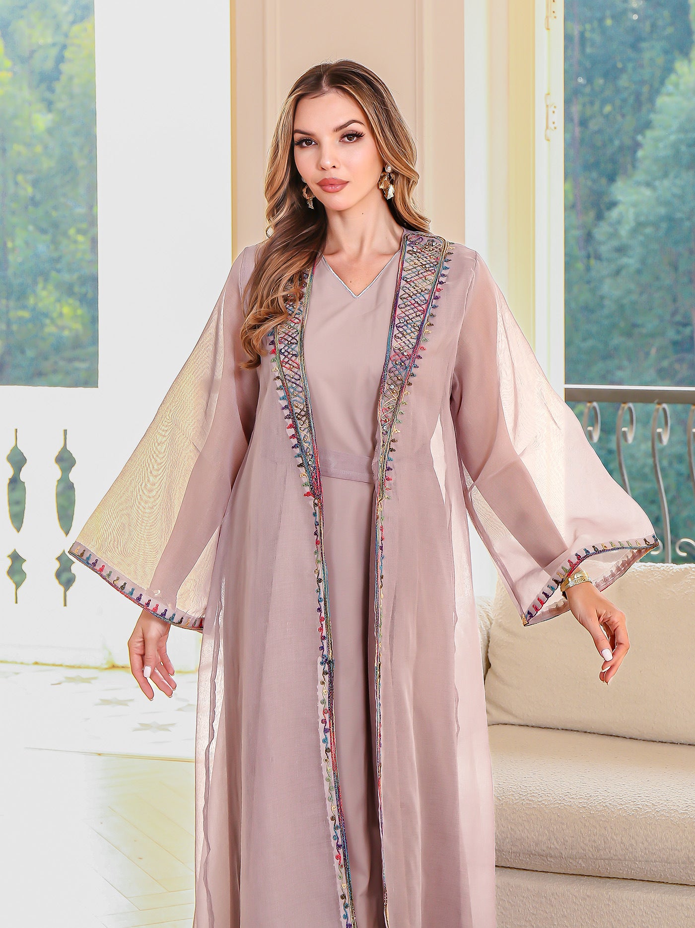 Muslim Two-Piece Dress Set Embroidered Mesh Long Dress Elegant Women's Maxi Dress