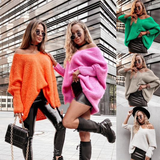 Loose bat shirt candy color V-neck off shoulder knit sweater casual sweater for women