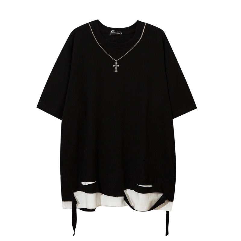 Men'sLoose Street Dance Fake Two-Piece Short Sleeve T-Shirt
