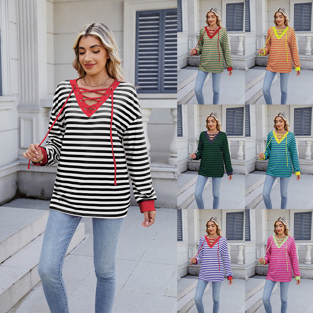 Anitrendy Women’s Striped V-Neck Long-Sleeve Hoodie with Belt Detail – Casual Fashion Pullover for All Seasons, Sizes S–2XL