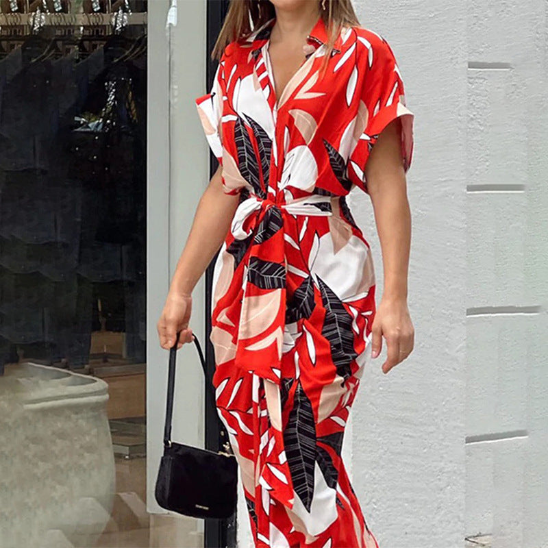 Anitrendy Floral Print Short-Sleeve Belted Shirt Dress – Elegant High-Waist Midi Dress for Women, Single-Breasted Design, S–3XL