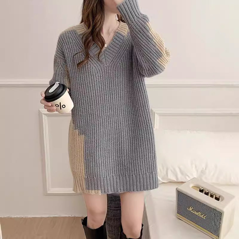 Soft and sticky V-neck sweater for women, loose and lazy style, sweet temperament, knitted dress trend