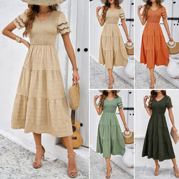 European and American women's spring and summer temperament solid color short sleeved V-neck dress