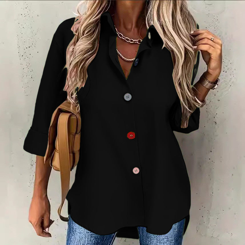 Anitrendy Women’s Solid Color Long Sleeve Button-Up Shirt – Elegant Casual Top with Multicolor Buttons