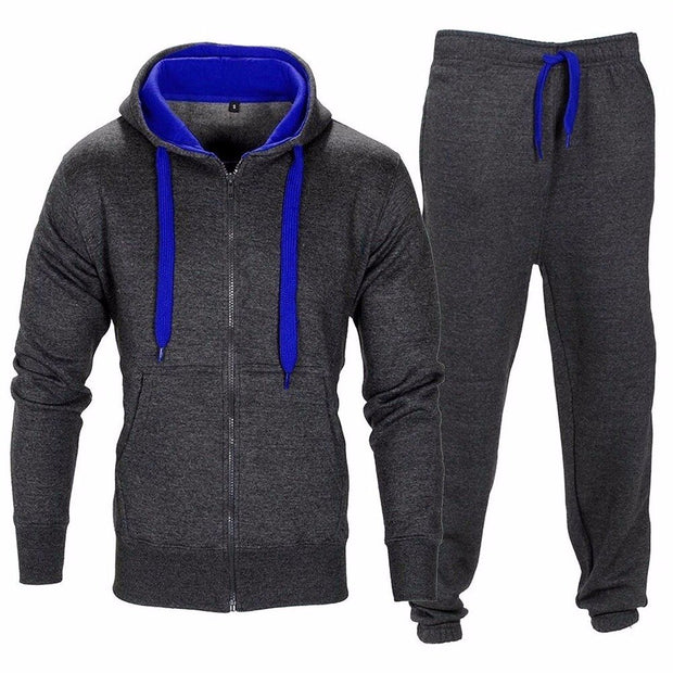 Casual Solid Tracksuit Zipper Hooded Sweatshirt Jacket +Sweatpants Mens Tracksuit