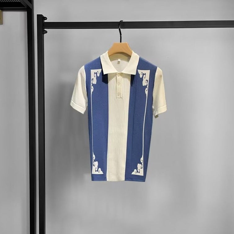 Half zip short sleeved polo shirt for men's summer jacquard men's color blocked lapel T-shirt
