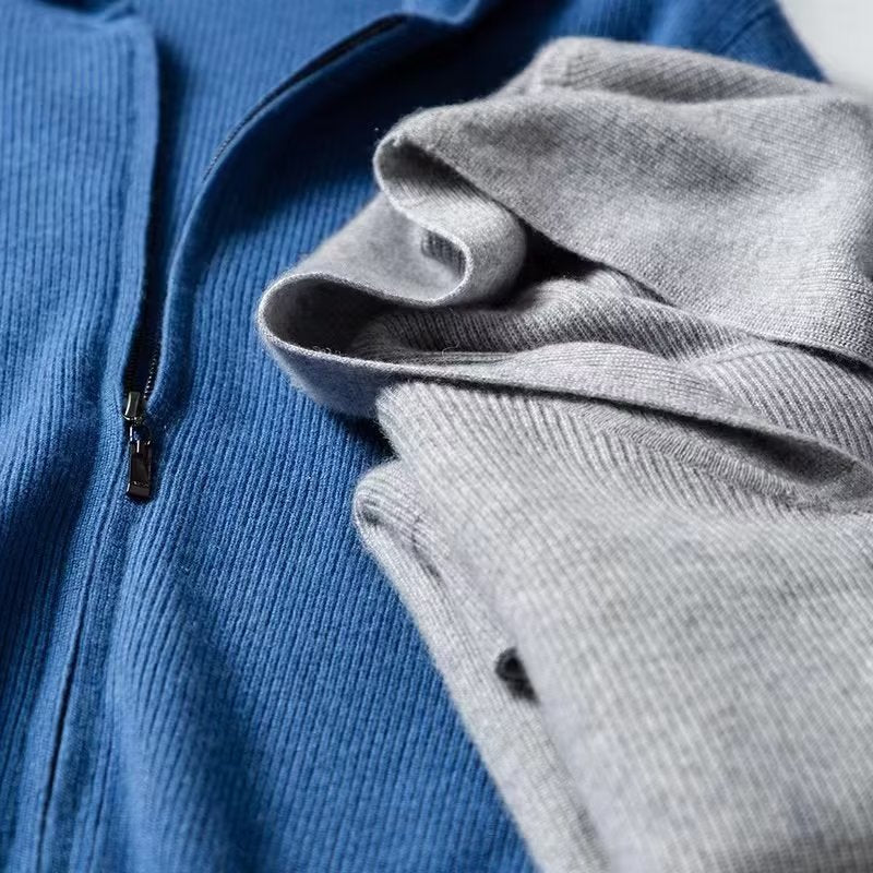 Cashmere hoodie men's cardigan loose knit wool sweater with cap thin hooded sweater zipper top