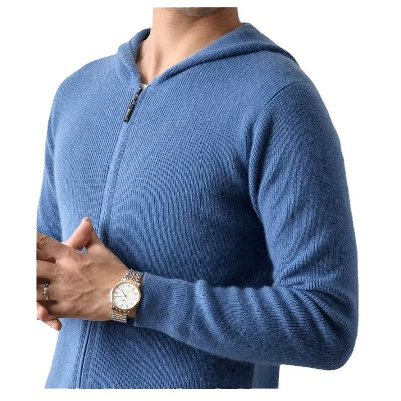 Cashmere hoodie men's cardigan loose knit wool sweater with cap thin hooded sweater zipper top