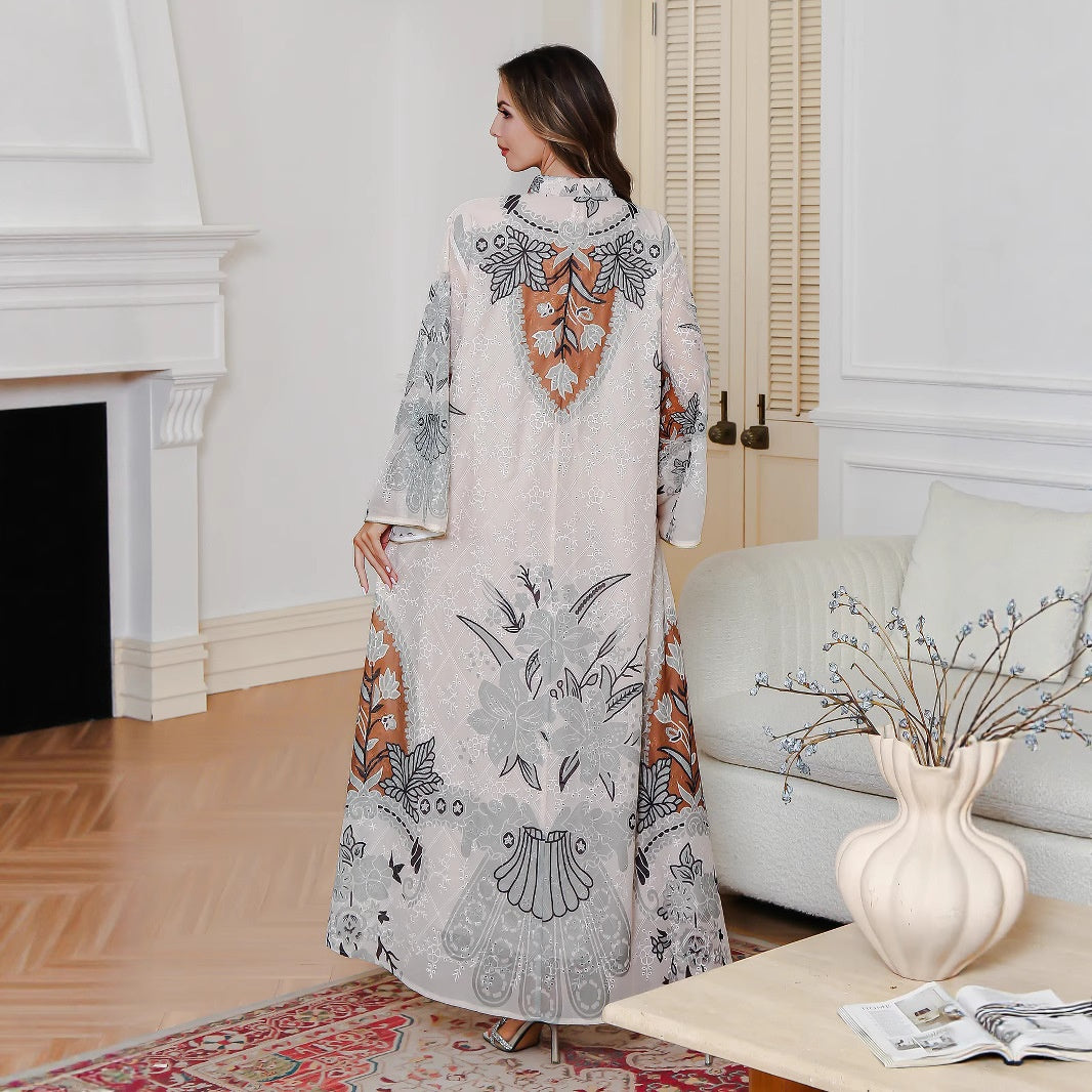 Muslim Embroidered Printed Long Robe Middle Eastern Dress Women's Long Gown