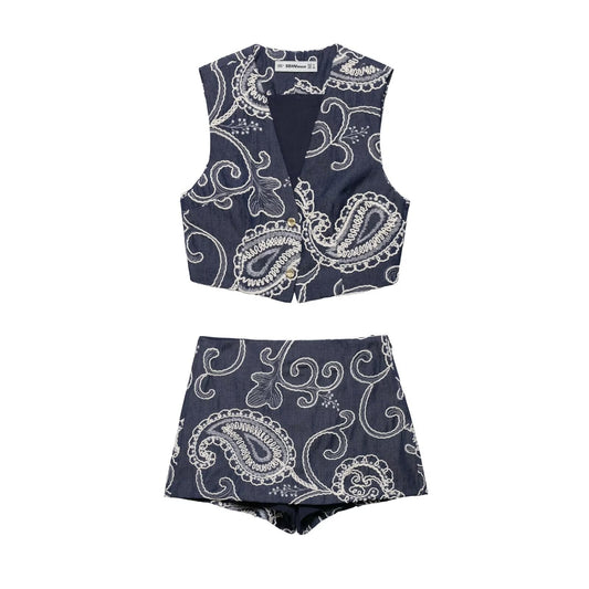 Women's European and American style embroidered short vest+embroidered skirt pants set