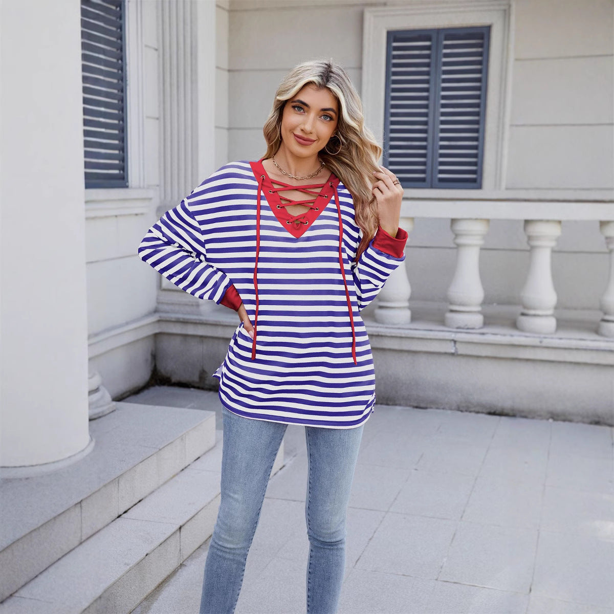 Anitrendy Women’s Striped V-Neck Long-Sleeve Hoodie with Belt Detail – Casual Fashion Pullover for All Seasons, Sizes S–2XL