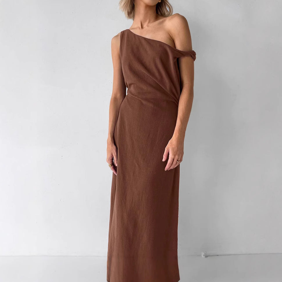 Off shoulder dress women's waist cinched diagonal collar cotton linen long skirt A-line skirt