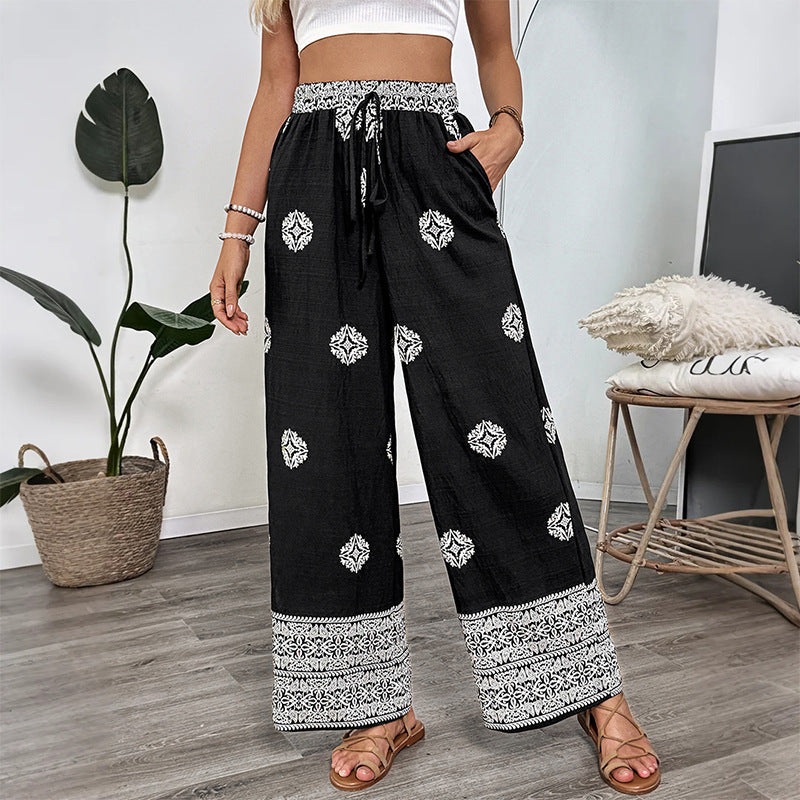 Ethnic style printed straight leg pants with elastic waistband and drawstring, casual and comfortable straight leg pants for women