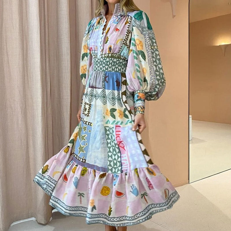 Anitrendy Colorful Printed Long-Sleeve Maxi Dress with Waist Cinching Design – Elegant Office & Summer Wear for Women, S–3XL