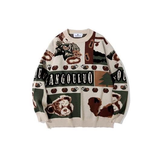 Retro Jacquard Knitted Sweater Men's Loose Round Neck Color blocked Knitted Sweater Long Sleeve