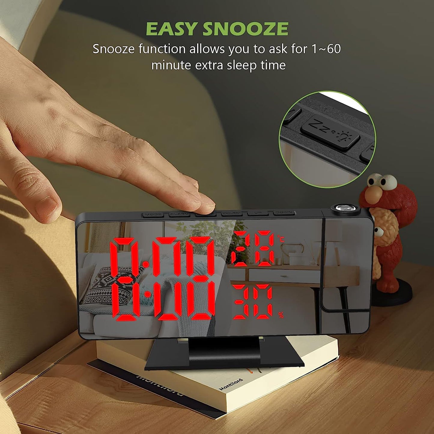 Digital Alarm Clock with Mirror Display, Projection, Temperature & Humidity – USB Powered