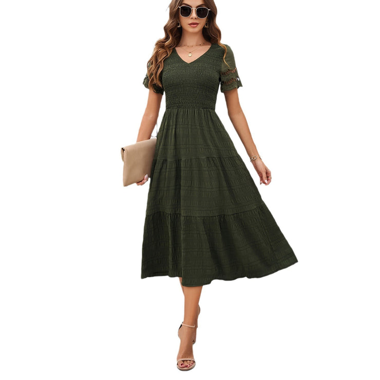 European and American women's spring and summer temperament solid color short sleeved V-neck dress