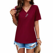 European and American Lady's spring and summer temperament casual solid color V-neck T-shirt