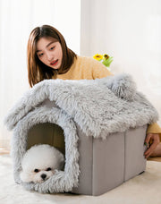 SEOUGEE Dog House, Warm and Cozy Cat Cave Bed Indoor with Removable Cushion, 3 In 1 Washable Plush dog Igloo, Foldable Non-Slip Kennel for Pets Puppy Kitten Rabbit