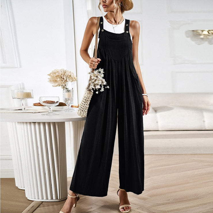 Solid color suspender pants for women's summer loose wide leg jumpsuit