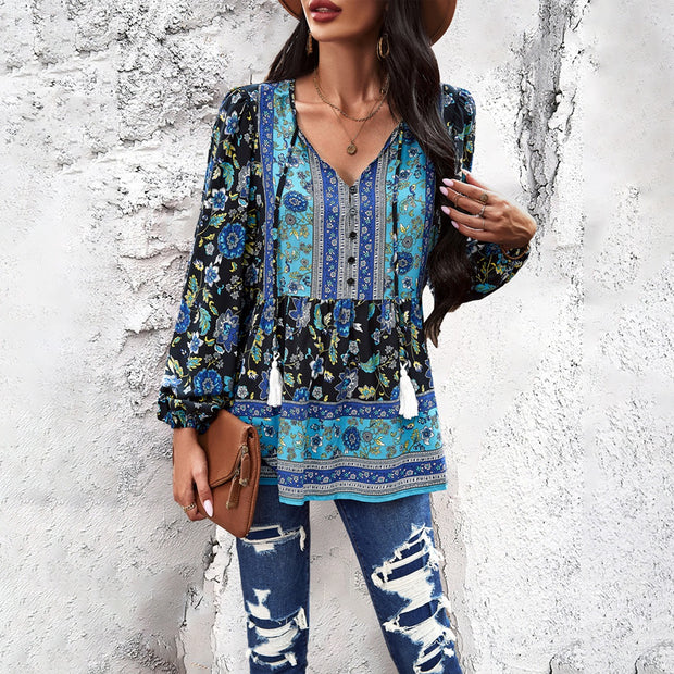 European and American women's spring and summer temperament casual printed V-neck long sleeved top