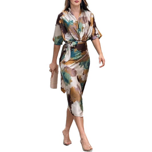 Printed V-neck lace up waist slimming dress