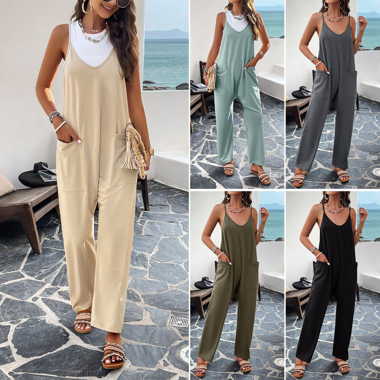 European and American women's spring and summer temperament casual solid color slim fit jumpsuit