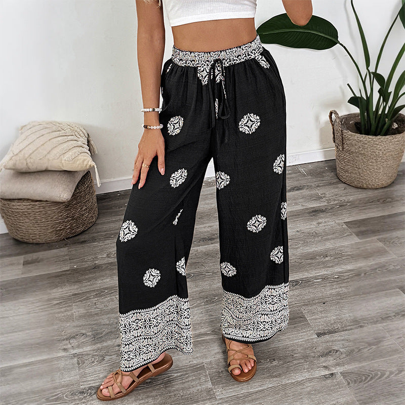 Ethnic style printed straight leg pants with elastic waistband and drawstring, casual and comfortable straight leg pants for women