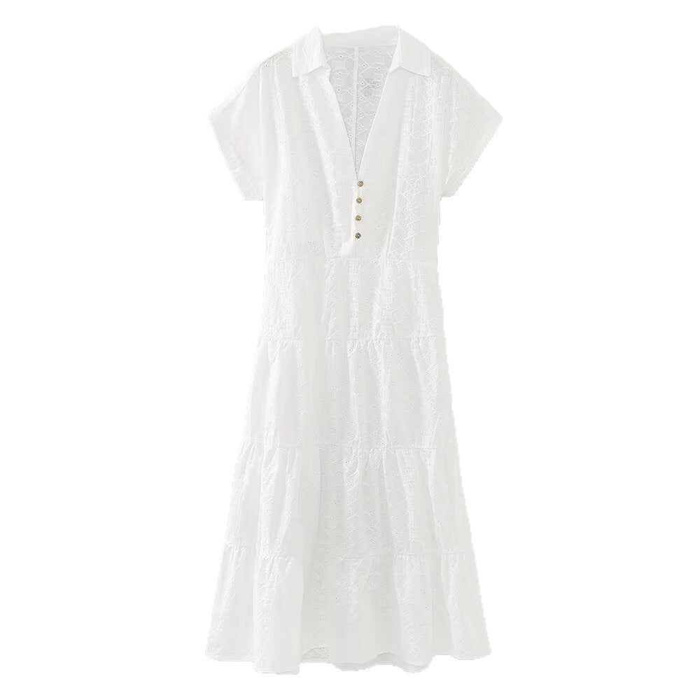Fashionable hollowed out embroidered shirt style MIDI dress for women