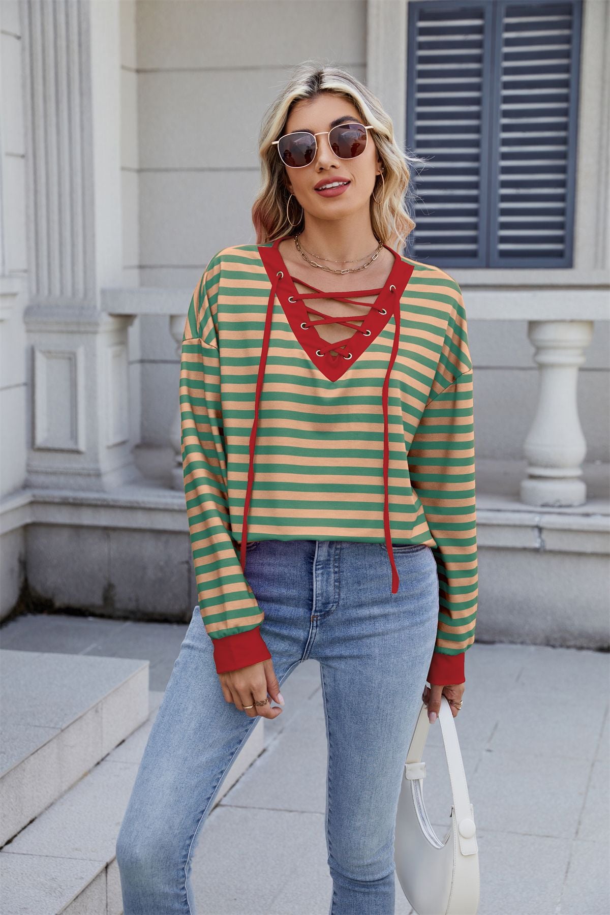Anitrendy Women’s Striped V-Neck Long-Sleeve Hoodie with Belt Detail – Casual Fashion Pullover for All Seasons, Sizes S–2XL