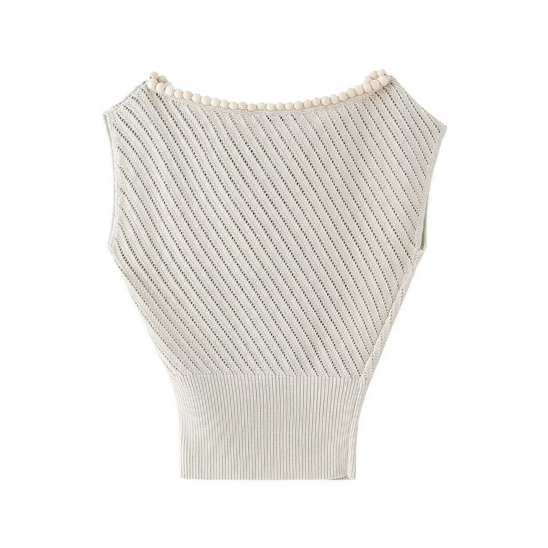 Fashion ball decoration jacquard mesh round neck knitted top