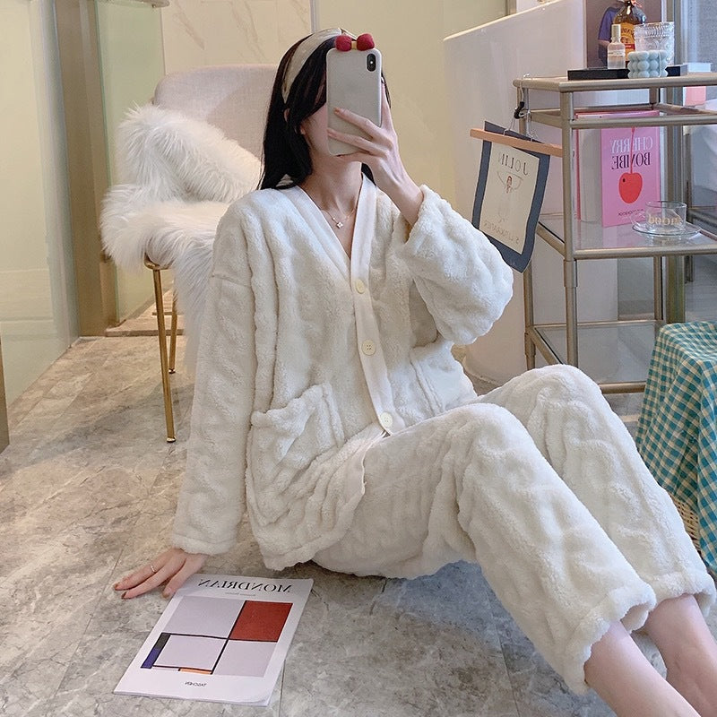 Autumn/winter Season High-end Coral Fleece Pajama Set Women's Long Sleeve Loose-fit Thickened Warm Suit