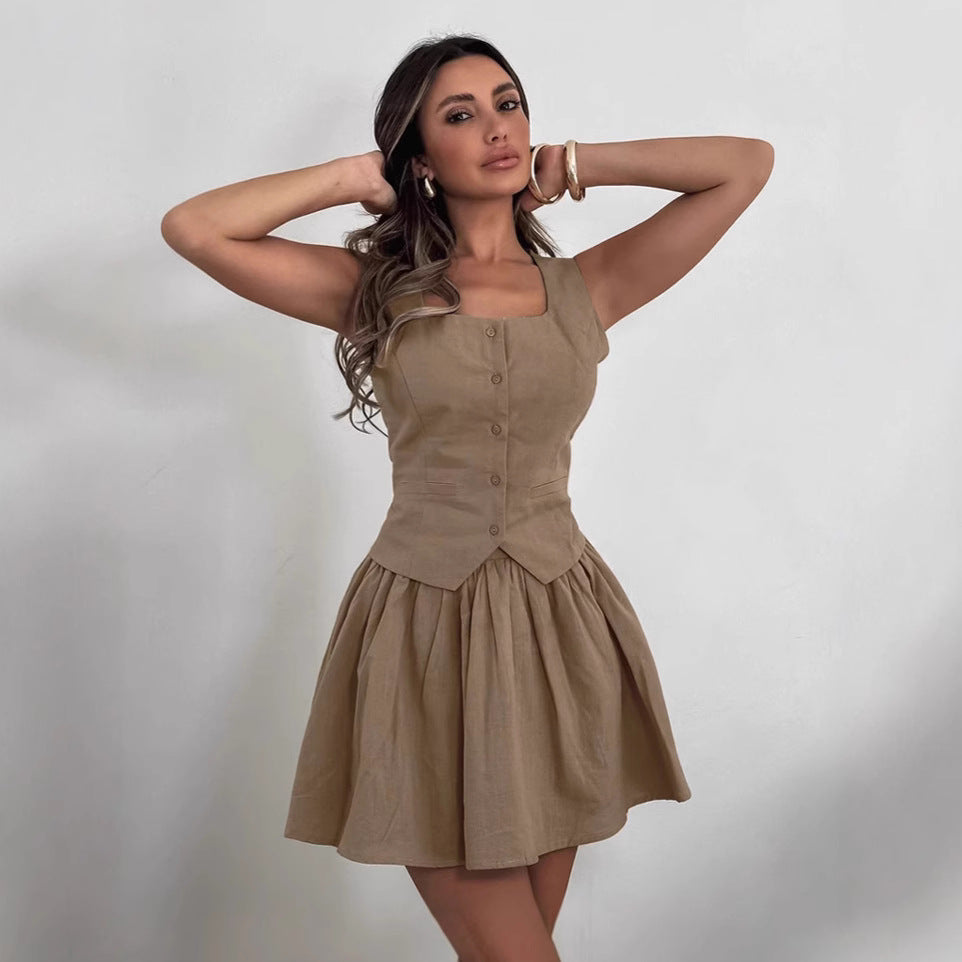 Cotton and linen vest short skirt set women's khaki A-line skirt