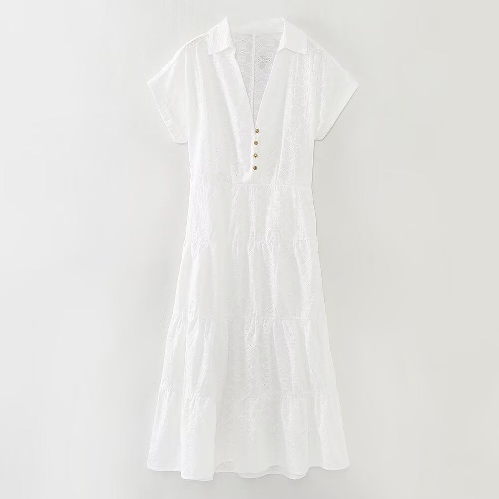 Fashionable hollowed out embroidered shirt style MIDI dress for women