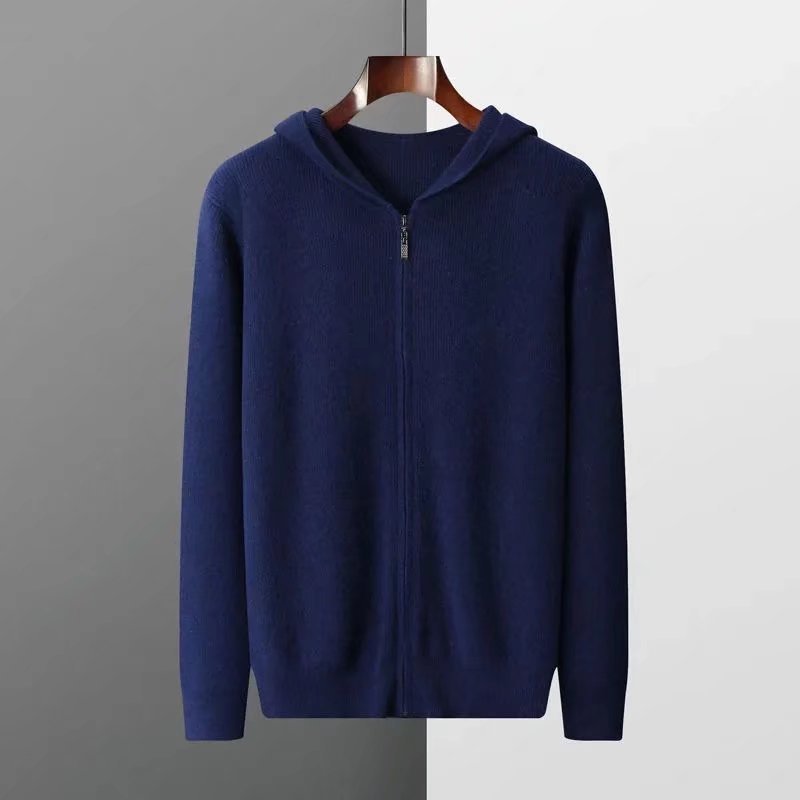 Cashmere hoodie men's cardigan loose knit wool sweater with cap thin hooded sweater zipper top