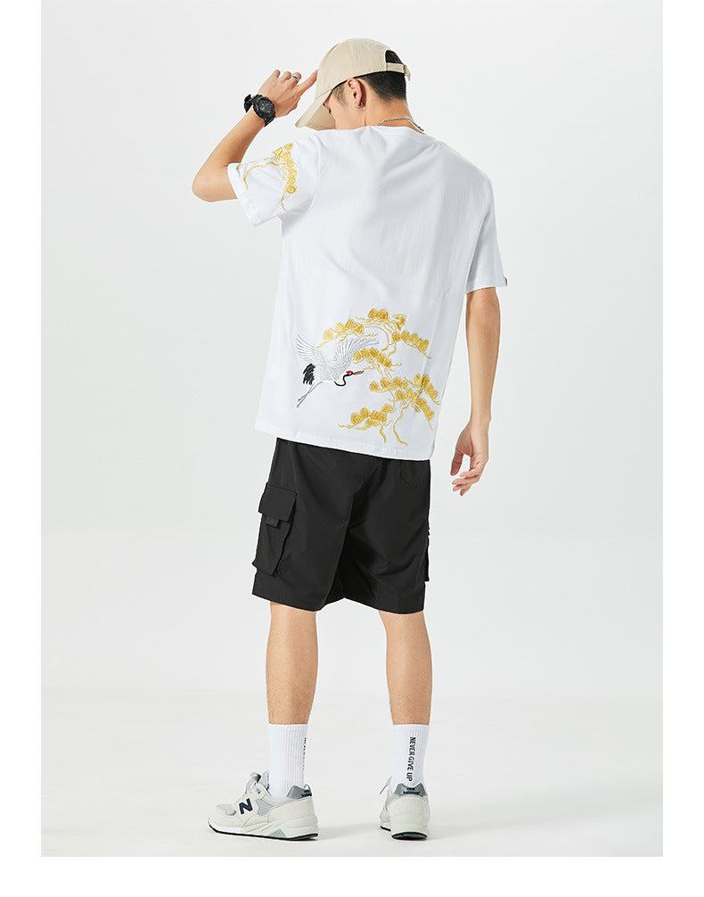 Chinoiserie Heavy Industry Embroidery Songhe China Chic Cotton Casual Loose Size Couple Short Sleeve T shirt Male