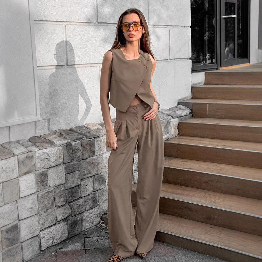 Fashion khaki vest long pants two-piece set for women