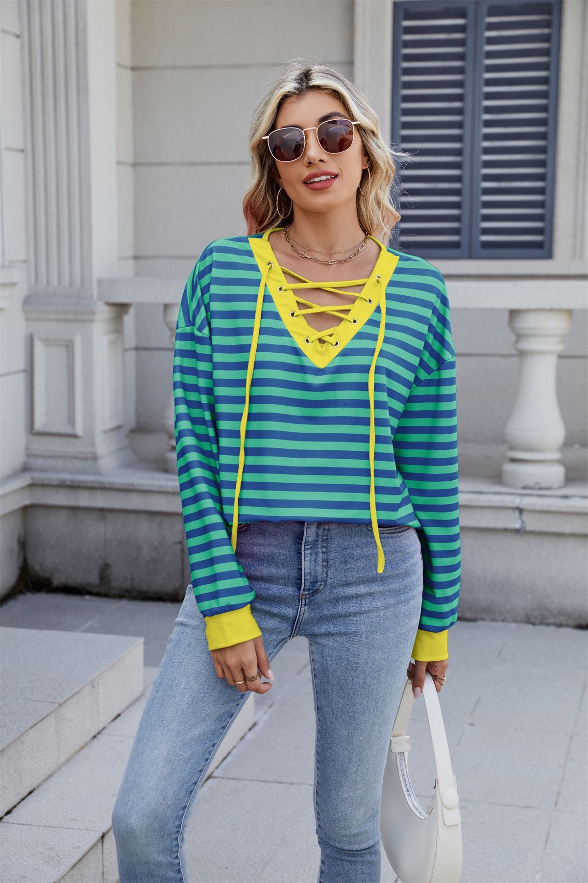 Anitrendy Women’s Striped V-Neck Long-Sleeve Hoodie with Belt Detail – Casual Fashion Pullover for All Seasons, Sizes S–2XL