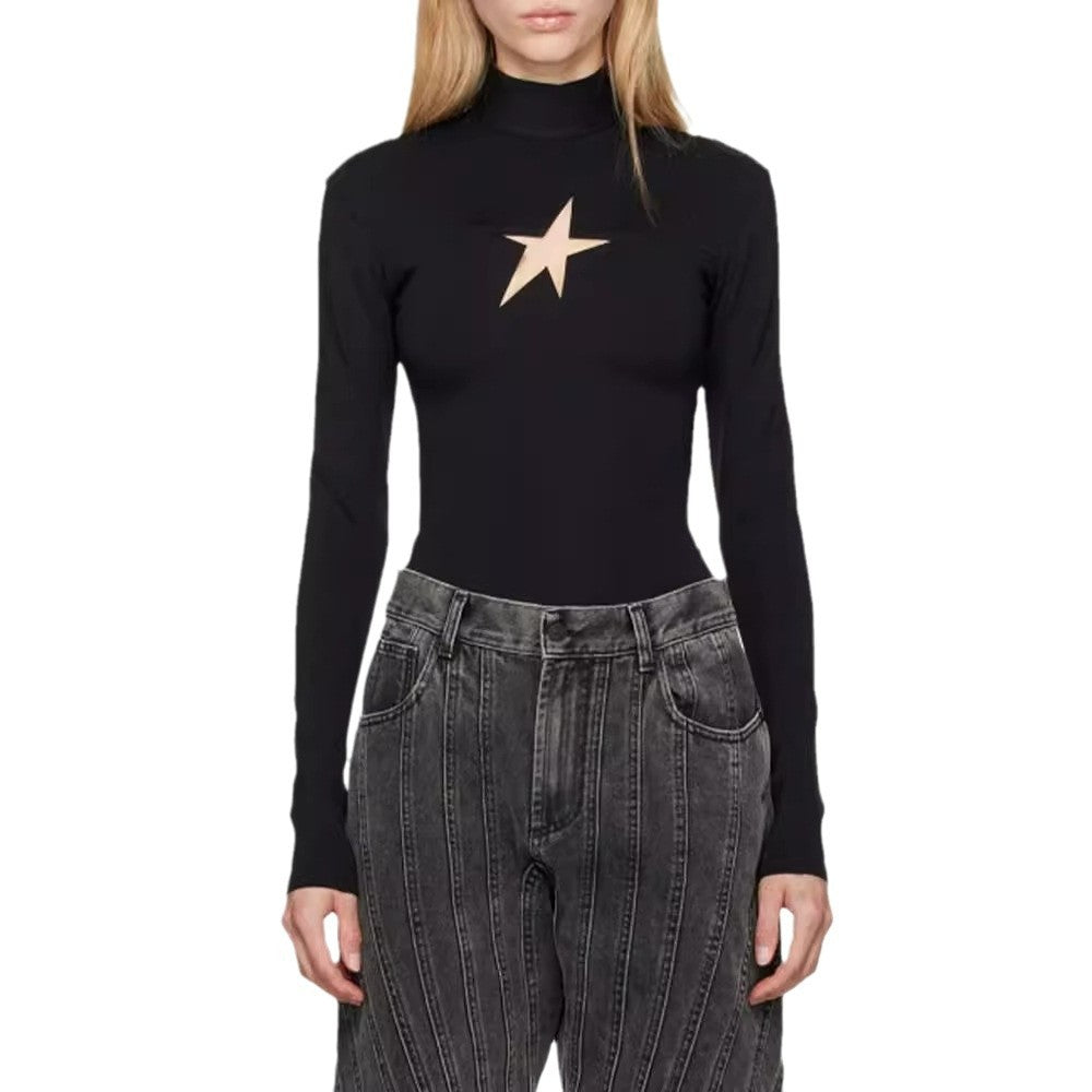 Hollow out pentagram base slim fit top for women with a high-end feel, autumn new style, niche design, casual top