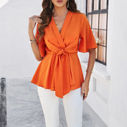 Women's Spring/Summer Solid Color Elegant Short Sleeve Strap Waist Top