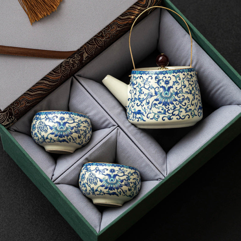 Ru Kiln Blue & White Teapot – Ceramic Luxury Gift Box for Elders, Home & Tea Lovers