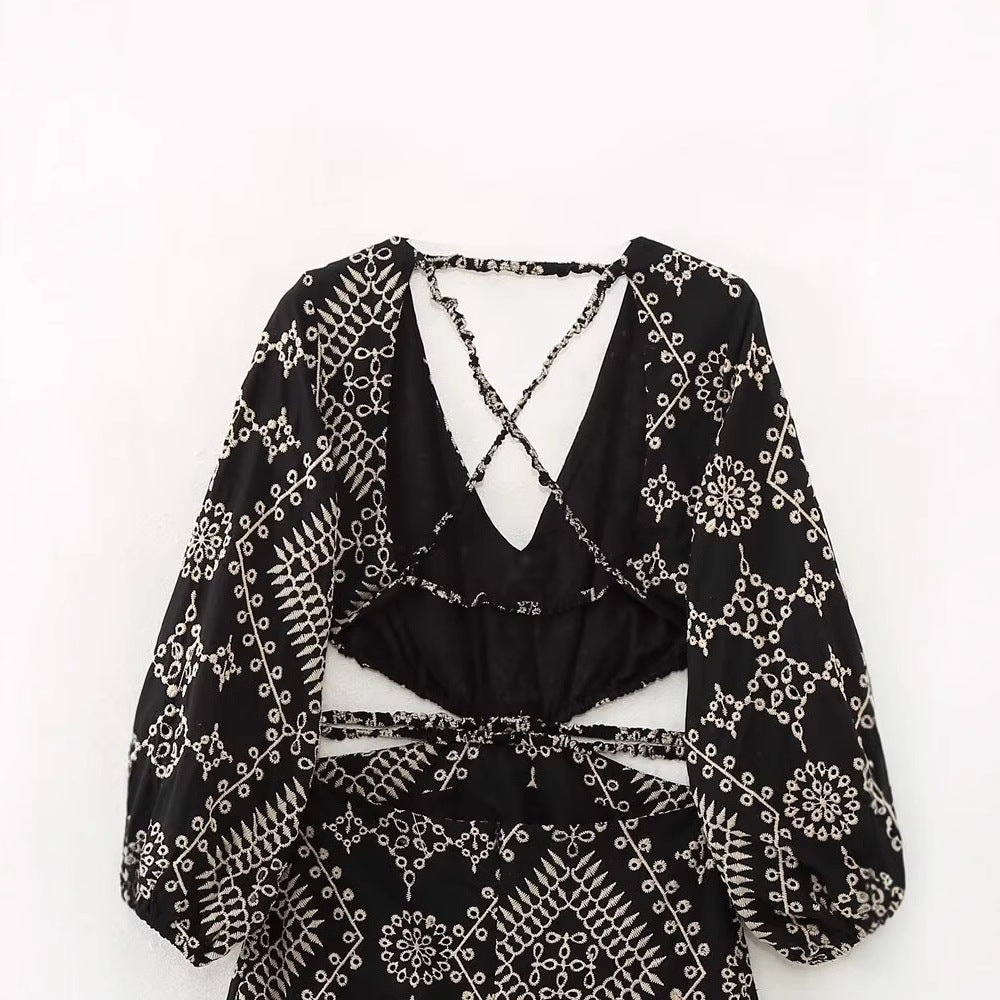 V-neck opening design embroidered MIDI long dress for women