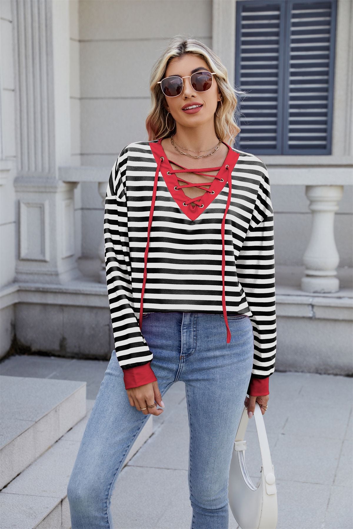 Anitrendy Women’s Striped V-Neck Long-Sleeve Hoodie with Belt Detail – Casual Fashion Pullover for All Seasons, Sizes S–2XL