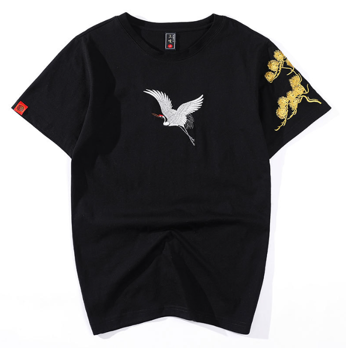 Chinoiserie Heavy Industry Embroidery Songhe China Chic Cotton Casual Loose Size Couple Short Sleeve T shirt Male