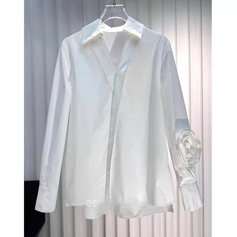 Early spring women's design sense three-dimensional flower shirt long sleeve solid color loose shirt