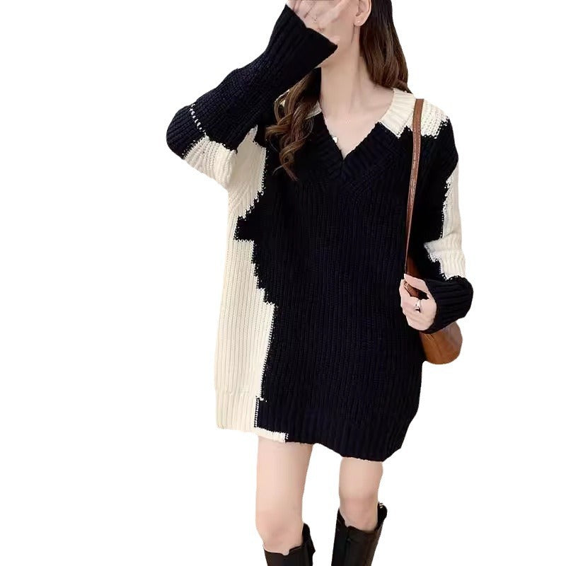 Soft and sticky V-neck sweater for women, loose and lazy style, sweet temperament, knitted dress trend
